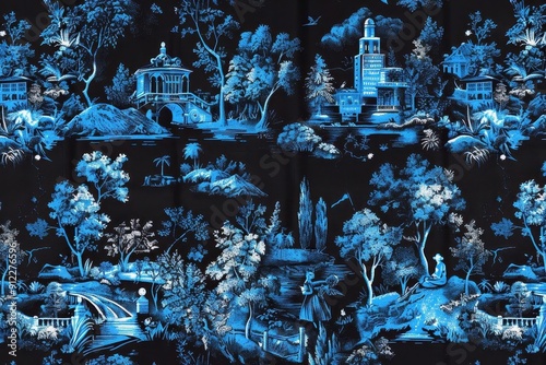 reimagined french toile pattern with cyberpunk elements classic pastoral scenes interwoven with neonlit cityscapes and robotic figures electric blue on matte black background photo