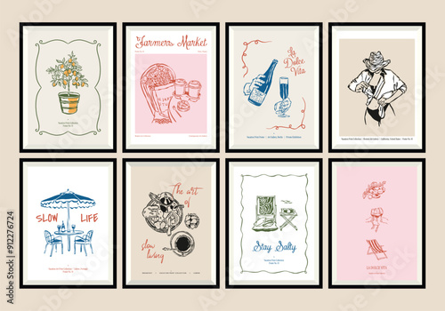 Minimal hand drawn vector dolce vita illustration set with aesthetic quote in a poster frame. Matisse style doodles.	