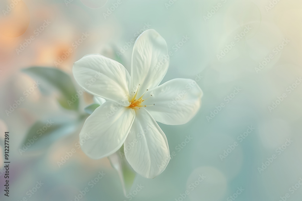 White jasmine flower in full bloom with green leaves and a soft, fresh background. Perfect for spring nature photography, floral decorations, and botanical beauty themes.
