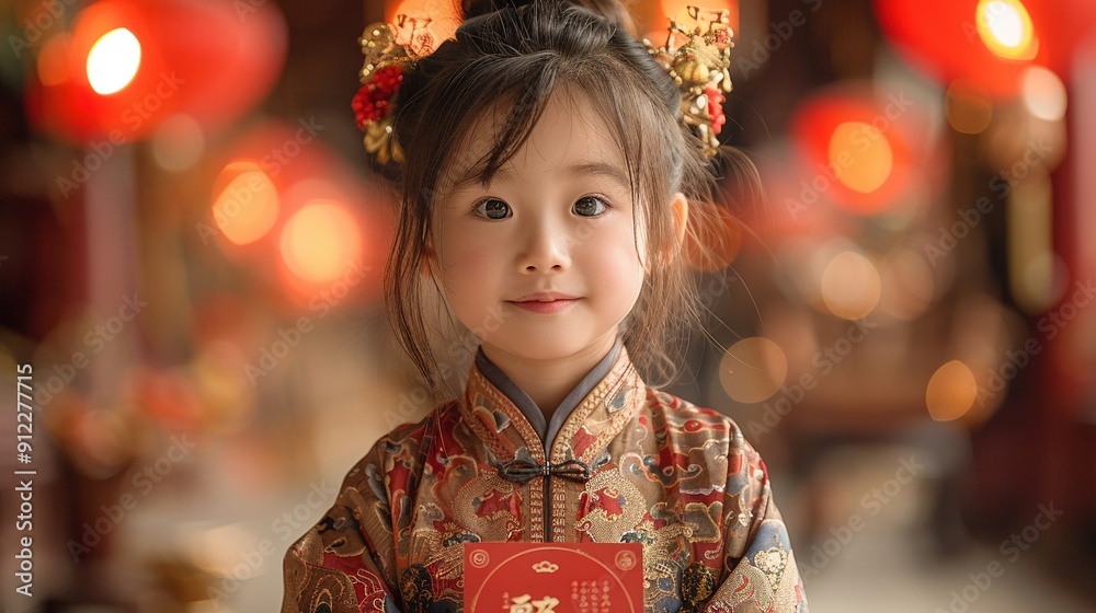 A child receiving a red envelope during Lunar New Year celebrations A child receiving a red envelope during Lunar New Year celebrations