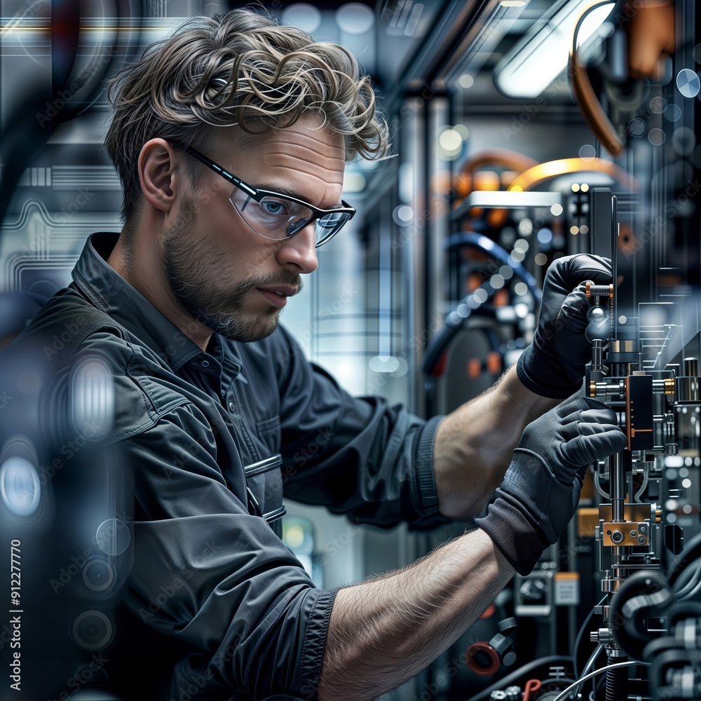 An industrial engineer in safety glasses works on a machine with precise tools in a modern manufacturing facility. An industrial engineer in safety glasses works on a machine with precise tools in a modern manufacturing facility.