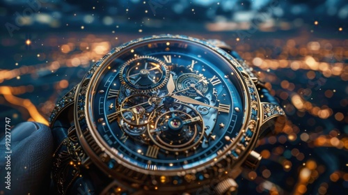 Produce a hyper-realistic ad for a luxury watch brand, showcasing the intricate gears and mechanisms against a backdrop of a starry night sky. photo