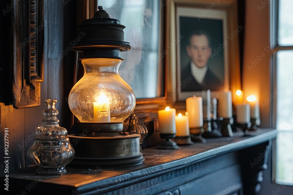 Antique Oil Lamp and Candles on a Mantelpiece Antique Oil Lamp and Candles on a Mantelpiece