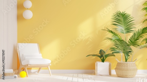 Wallpaper Mural A cozy spa room decorated in inviting shades of yellow, with minimalist furniture and decor creating a comfortable and relaxing environment. The image offers plenty of copy space for customization. Torontodigital.ca