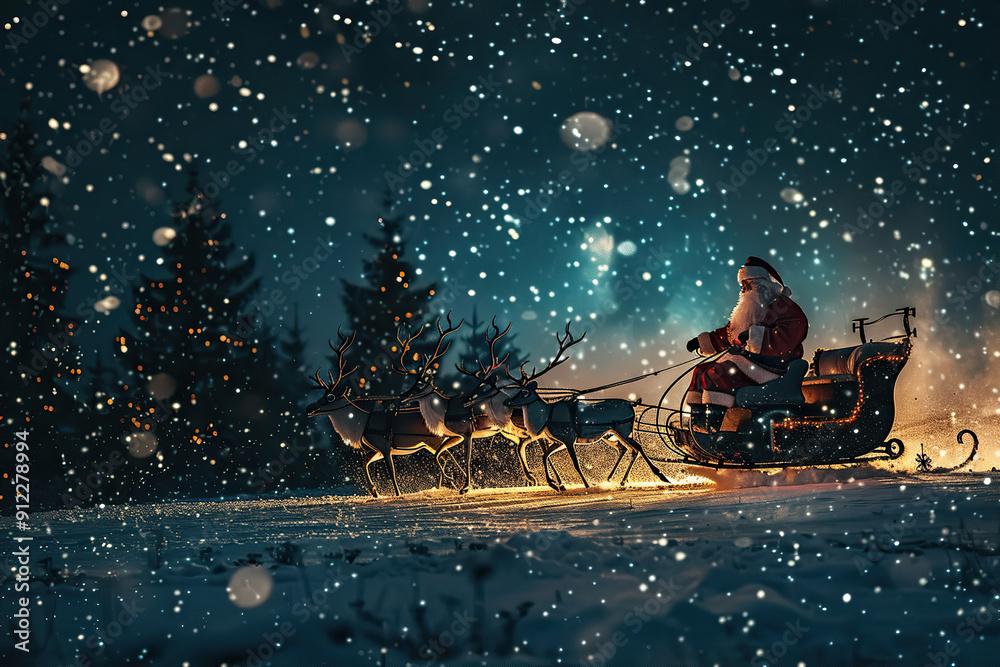 Christmas greeting card with bright winter holiday Santa and New Year background