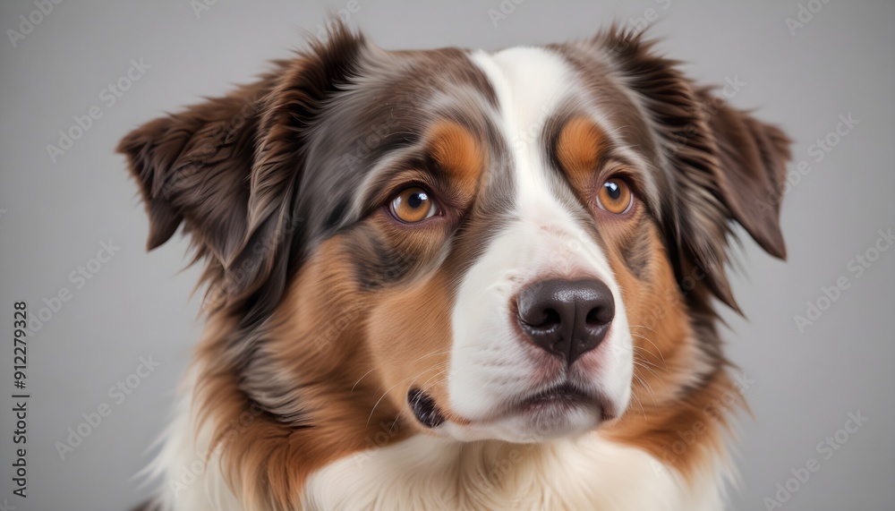 Close-up portrait Australian Shepherd Dog looking at camera, white background. Close-up portrait Australian Shepherd Dog looking at camera, white background.