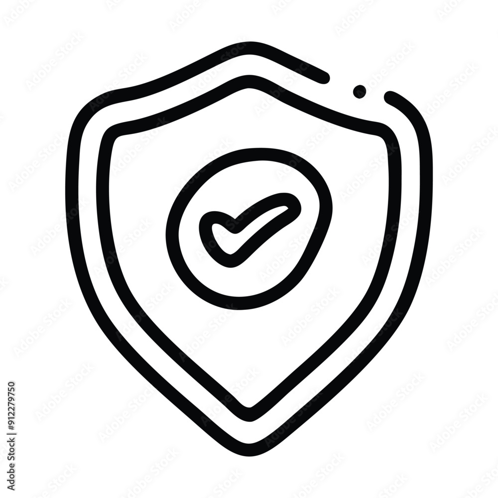 Black and white line drawing of a checkmark inside a shield. Vector illustration Black and white line drawing of a checkmark inside a shield. Vector illustration