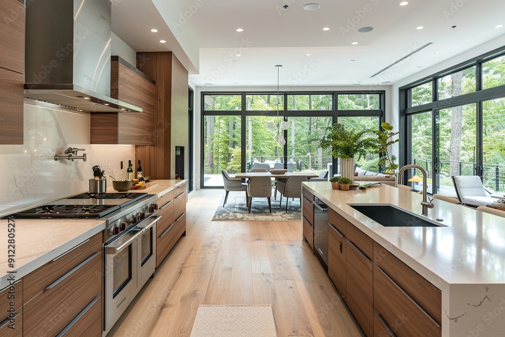 Fototapeta premium A large kitchen with a long counter and a sink