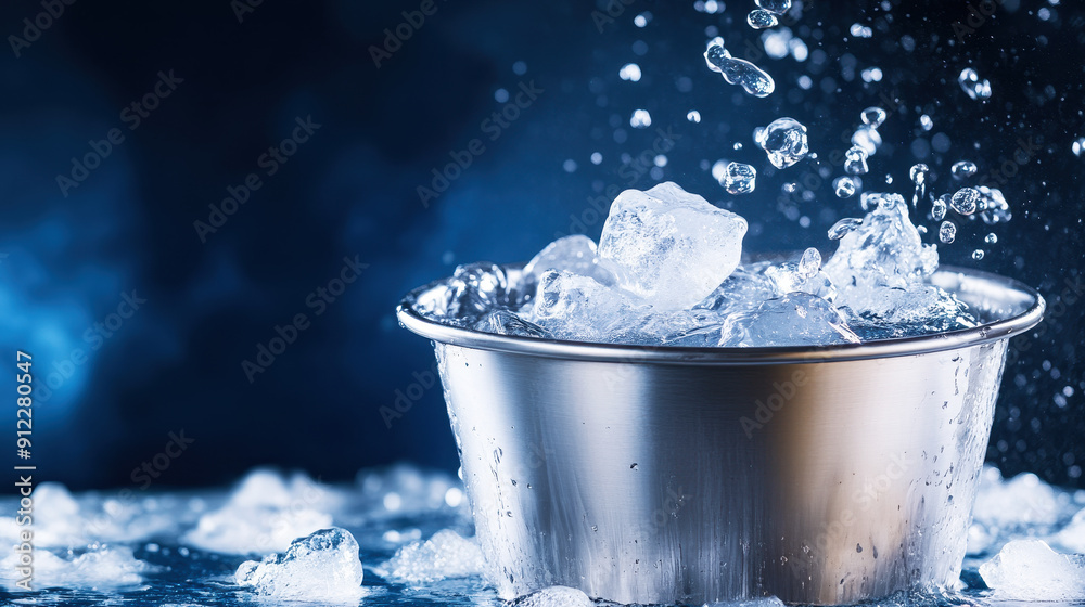 steel bucket with ice cubes, cold water splashing out of it on dark blue background steel bucket with ice cubes, cold water splashing out of it on dark blue background