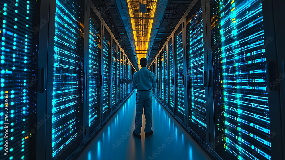 An expansive data center filled with rows of servers glowing with blue and green lights, with technicians in futuristic uniforms working on the equipment.
An expansive data center filled with rows of servers glowing with blue and green lights, with technicians in futuristic uniforms working on the equipment.