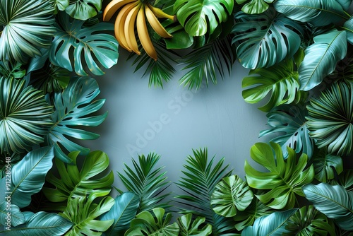 Tropical leaves cover the entire background