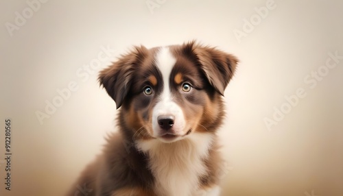 Close-up portrait Australian Shepherd Dog Puppy looking at camera, white background.