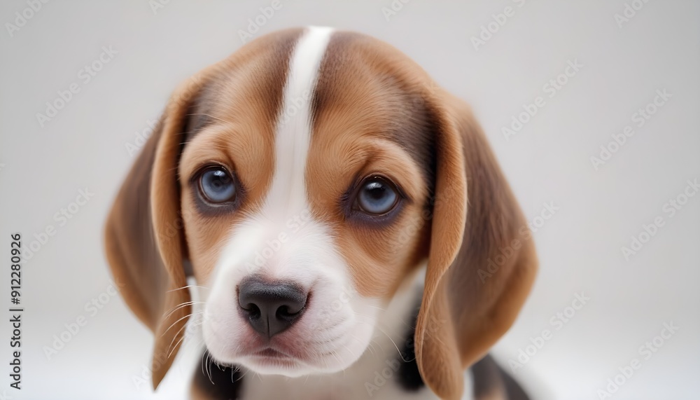 Close-up portrait of a Dog Beagle puppy looking at the camera. White background. Studio.