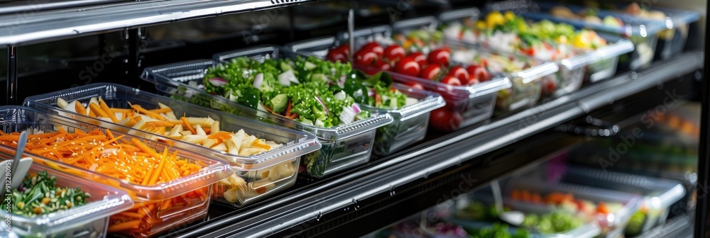 Commercial refrigerator showcasing pre packaged vegetable salads