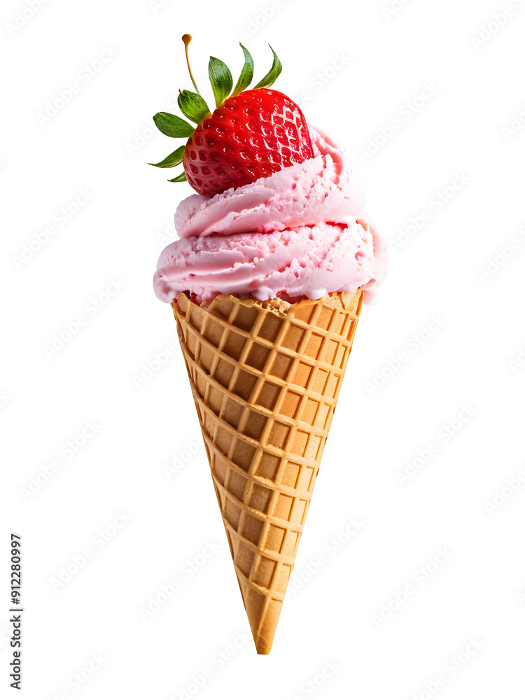 Delicious strawberry ice cream cone isolated on transparent or white background. Delicious strawberry ice cream cone isolated on transparent or white background.