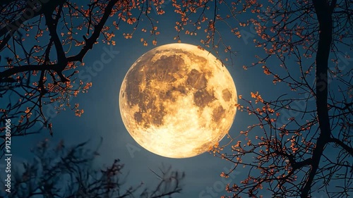Low-angle view of a full moon through tree branches,