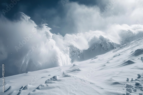 Generative ai on theme of descent of an huge avalanche from the mountain, winter nature landscape