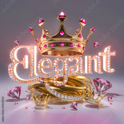 A crown sitting on top of a pile of gold rings and written elegant 