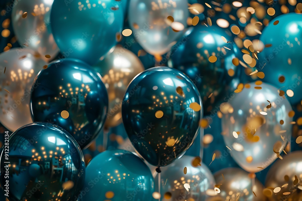 Teal and Gold Balloons with Confetti