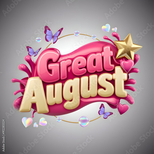 The words great august surrounded by hearts and butterflies