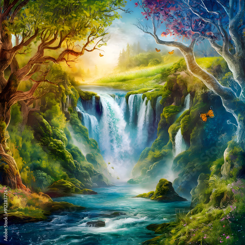 A painting of a waterfall surrounded by trees