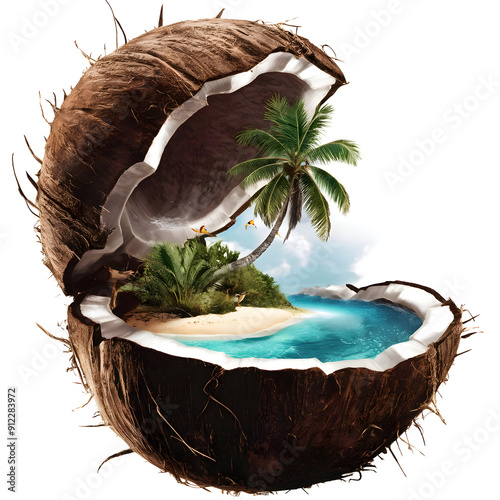 A coconut with a beach inside of it