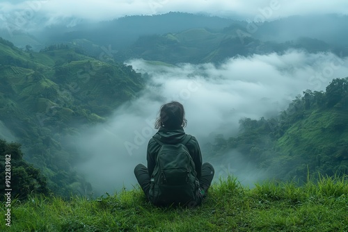 silhouetted figure contemplating misty rainforestcovered hills ethereal lowlying clouds drift between lush green slopes serene atmosphere evokes sense of wonder and connection with nature photo