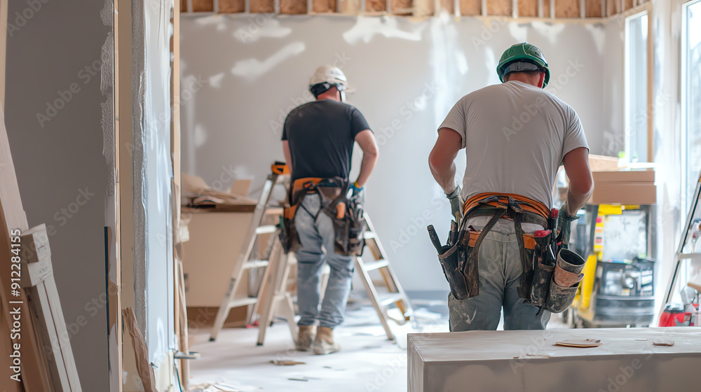 Construction workers wearing safety helmets and tool belts working on a house renovation project, ladders and tools visible. Construction workers wearing safety helmets and tool belts working on a house renovation project, ladders and tools visible.