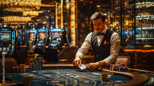 Elegant casino dealer shuffling cards at a table in a luxurious gaming environment with slot machines and chandeliers in the background.