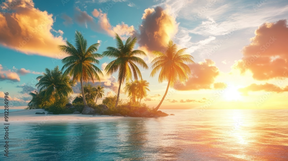 Beautiful island oasis, vibrant palm trees glowing under the radiant sunshine, perfect tropical retreat Beautiful island oasis, vibrant palm trees glowing under the radiant sunshine, perfect tropical retreat