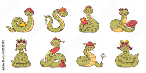 Cute green snake character collection, Chinese zodiac symbol with accessories, 2025 new year animal, vector illustration