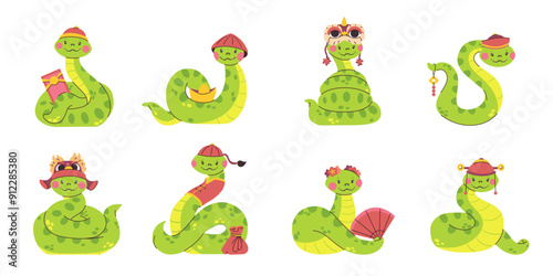 Cute green snake character collection, Chinese zodiac symbol with accessories, 2025 new year animal, vector illustration
