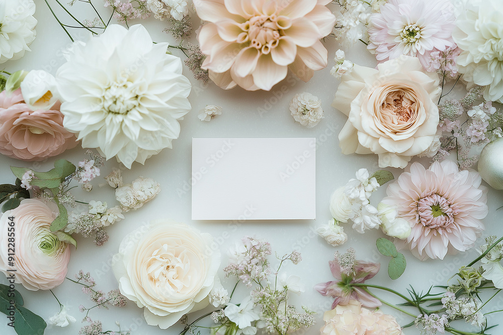 A blank card surrounded by delicate pastel flowers on a light background, providing ample copy space for text or design. A blank card surrounded by delicate pastel flowers on a light background, providing ample copy space for text or design.