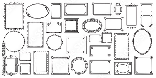 Collection of handdrawn doodle picture frames, museum frames, cute cartoon style, square, round, oval, rectangle shape, vector illustration