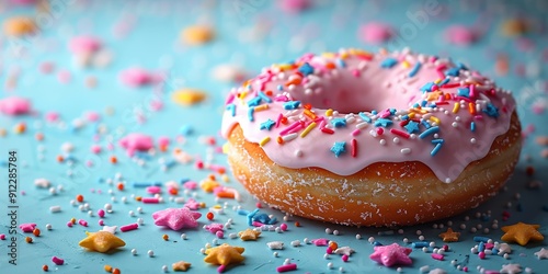 Pink Frosted Donut with Colorful Sprinkles on a Blue Table photo