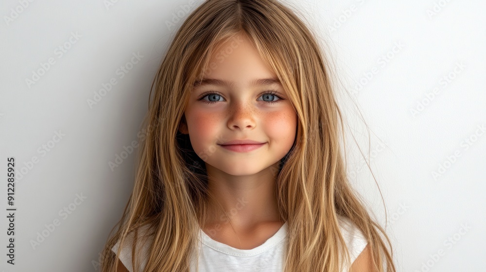 A cheerful young girl poses with a smile, showcasing her beautiful long hair in a well-lit room A cheerful young girl poses with a smile, showcasing her beautiful long hair in a well-lit room