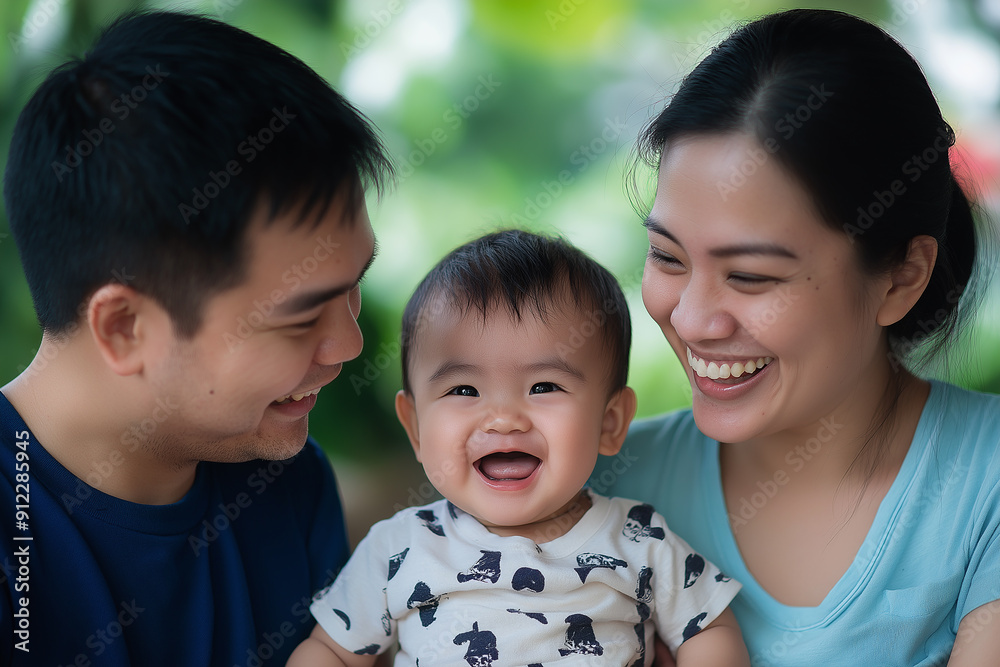 A young family with a smiling baby enjoying quality time together outdoors, showcasing love and togetherness. A young family with a smiling baby enjoying quality time together outdoors, showcasing love and togetherness.
