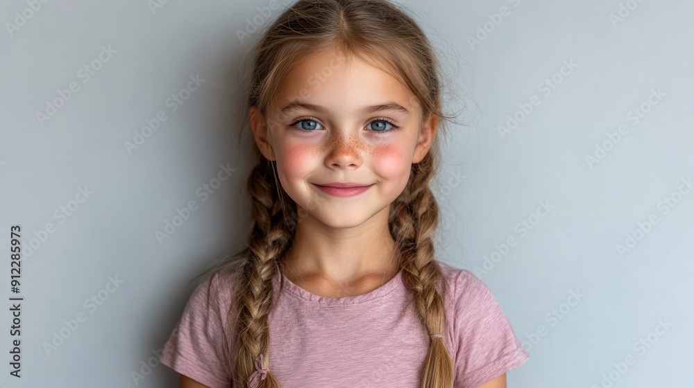 A young girl with braids smiles warmly, showcasing her joyful expression against a plain backdrop A young girl with braids smiles warmly, showcasing her joyful expression against a plain backdrop