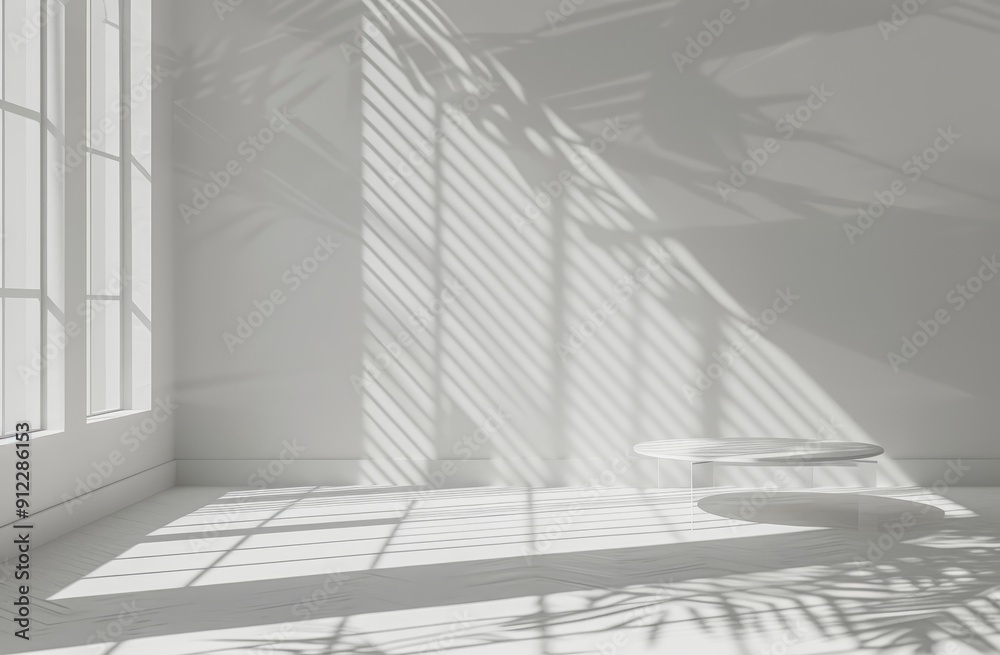 Fototapeta premium Minimalist White Room with Window and Table Shadows