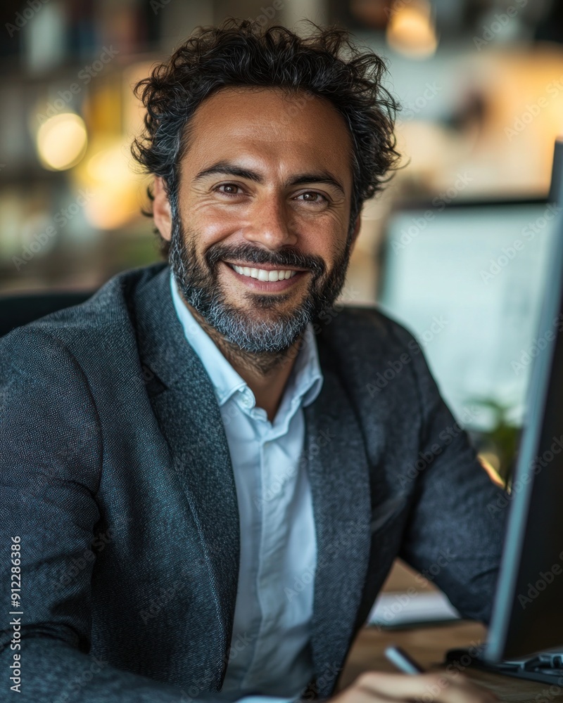 Obraz premium A man in a suit smiles confidently while seated at his desk in an office