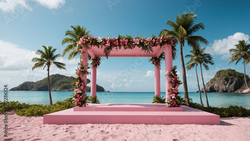 Pink podium adorned with flowers on a tropical beach with palm trees. photo