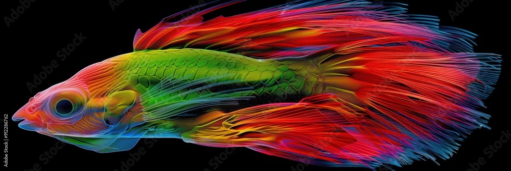 Obraz premium Vibrant close-up of a colorful betta fish with flowing fins against a black background, displaying brilliant reds, greens, and blues.