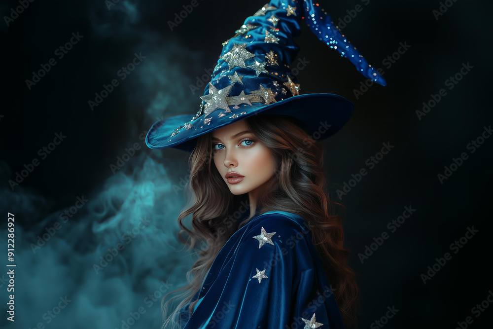 brunette blue eyed model wearing a blue velvet cloak with silver stars ...