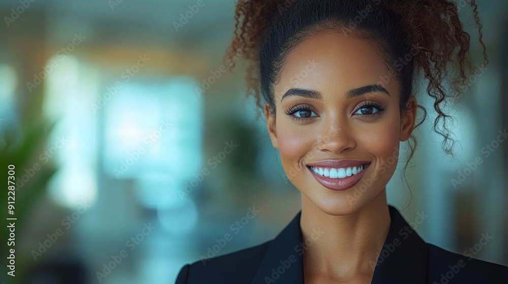 A young businesswoman smiles confidently while posing in a bright, contemporary office setting A young businesswoman smiles confidently while posing in a bright, contemporary office setting
