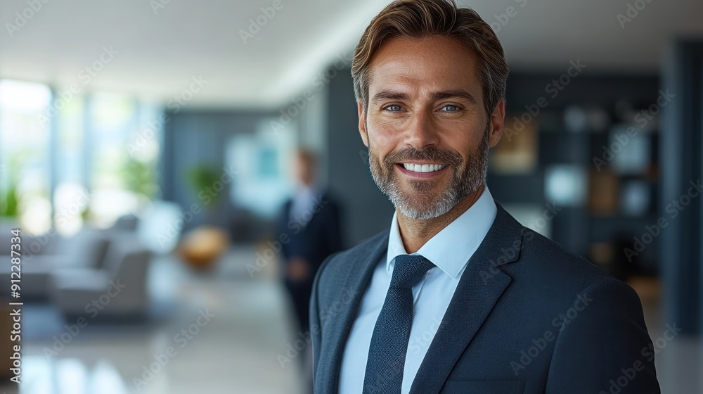 A man in a suit smiles confidently in a contemporary office setting while colleagues discuss behind him