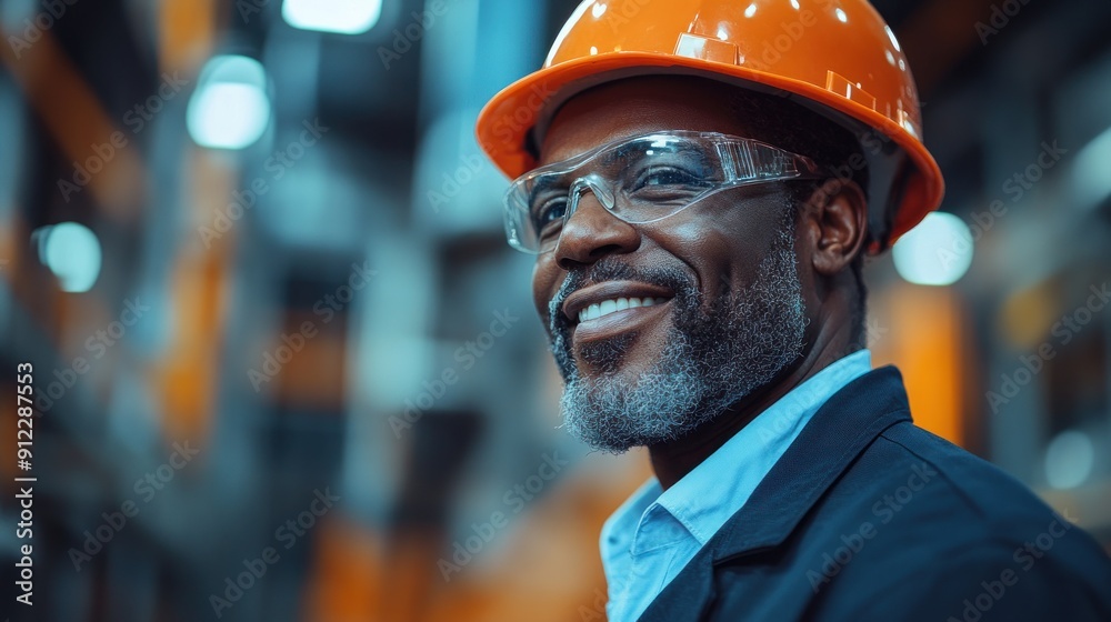 A confident worker wearing safety gear smiles while standing in a busy warehouse A confident worker wearing safety gear smiles while standing in a busy warehouse