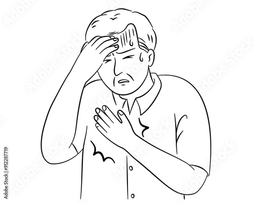 An old man have a headache and sweating with chest pain in line drawing.