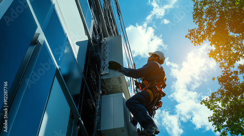 Wallpaper Mural Worker in safety gear installs air conditioning unit on building exterior, with bright sky and sun in the background. Torontodigital.ca