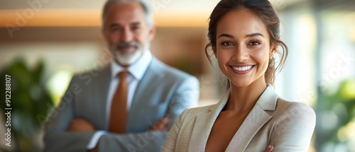 A confident woman smiles while a man stands proudly behind her in a contemporary office setting