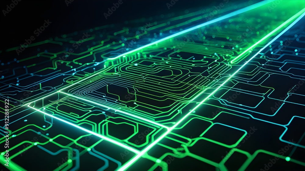 A computer chip is shown in green and black A computer chip is shown in green and black